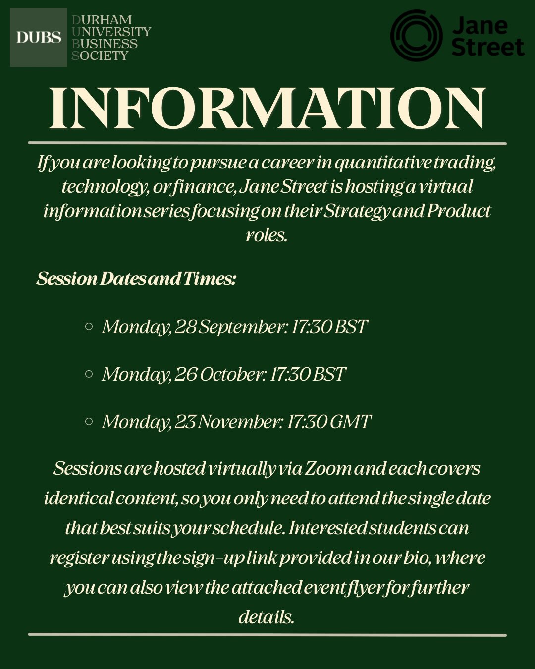 Jane Street Strategy & Product Virtual Information Session — 26 October Instagram post