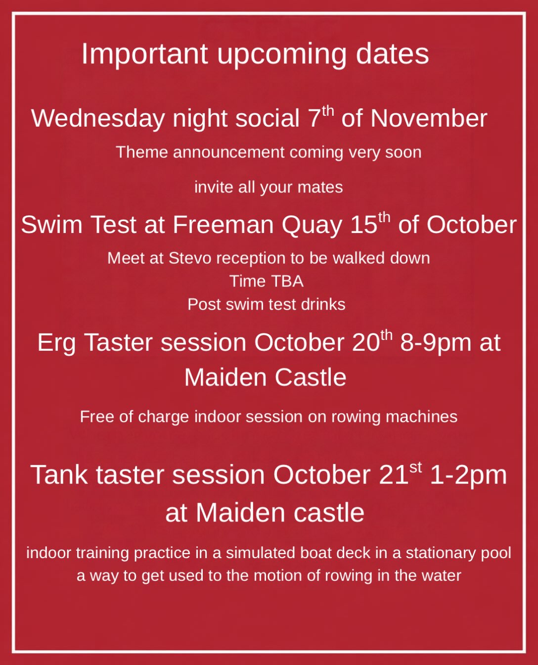 Stephenson College Boat Club Wednesday Social Instagram post
